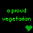 Green pixelated text 'a proud vegetarian' appears above green heart icons on a black background, with some hearts changing color.