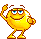Animated contact sheet of 18 pixelated yellow cartoon characters in various poses against a gray background, each with blue eyes and orange limbs.
