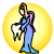 Pixelated figure in blue dress holding large white tooth against yellow circular background.