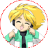 Pixelated anime-style character with blonde hair and headphones, wearing a green jacket over black shirt, making two-fingered gesture near face in circular frame.