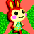 Pixelated character with red hair, yellow face, black eyes, pink cheeks, and green wings against a coral background.