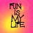 Four display "FUN IS MY LIFE" text over a pink and yellow gradient background with pixelated distortion