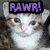 A four- of a kitten with text overlays: 'RAWRI!' top-left, 'im gonna.' top-right, and 'eat you!' bottom-left. The right is blank gray