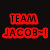 Four- with red and black text on dark backgrounds, a central image of a smiling person with long hair, and <S JACOB> at bottom
