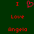 Red pixelated text and symbols on dark green background: 'I' above heart symbol, then 'Love', then 'Angela' in three