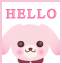 Pixelated pink bunny with brown eyes and blush, wearing a dark red collar, with 'HELLO' text above in pink block letters on white background.