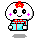 Pixel art contact sheet of six animated frames showing a white cloud-shaped character with red flower, pink blush marks, and light blue gift box held in hands.