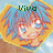 Pixelated anime-style character with blue hair and orange-yellow outline, shown in three variations of facial expression and text above head.
