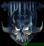 Pixelated skull with blue-gray tones, large curved horns, and glowing white eyes against a black background with vertical blue streaks.