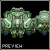 Pixel art of a green mechanical vehicle with multiple wheels and orange lights, set against black background with 'PREVIEW' text at bottom.