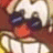 Pixelated static image shows a character with white fur, dark blue goggles, and red chest marking holding an object against brown background.