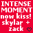 Red background with repeated white text 'INTENSE MOMENT now kiss! skylar + zack' and black heart symbols, with a gray rectangular area on the right side.