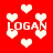 Red background with white pixelated hearts and repeated "LOGAN" text in blocky font, showing animation changes across frames.