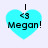 Four identical cyan heart-shaped icons with black text '<3 Megan!' and a vertical line above the heart, arranged in a on white background