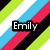 Pixelated icon with diagonal stripes in green, white, blue, pink, and black; a black rectangle containing the text 'Emily' overlays the center.