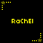 Yellow pixelated text "RacheI" appears in three with yellow star-and-dot animations on a black background
