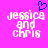 Pixelated text 'jessica and chris' in white on bright pink background with blue heart symbol above.