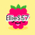 Pixelated pink raspberry with green leaves, smiling face, and text 'EllieS57' over yellow background; beach scene with 'Love's' text and heart-shaped rope on sand; music-themed icon with headphones, heart, and 'Music' text.