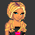 Pixel art character with blonde hair and blue eyes, wearing black top and pink star-patterned pants; text in pink font on dark gray background.