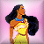 Pixelated figure with long dark hair, blue necklace, and yellow dress with red accents against pink background.