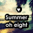 A pixelated image with a heart symbol above text reading 'Summer oh eight' against a blurred background.