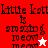 Pixelated text reads 'Little katt is amazing meow meow' with a star symbol, displayed across four color variations of red, pink, white, and light red backgrounds.
