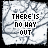 Static image of text 'THERE IS NO WAY OUT' on a cracked marble background with red accent dots, varying in color and dot placement