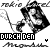 Pixelated black-and-white animation of a figure in dark clothing holding a long object, with text "DURCH DEN" below and stylized script above.