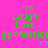 Green pixelated text on bright pink background reads Live Laugh Love and gymnastics with two cyan heart symbols below.