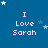 Blue background with repeated 'I Love Sarah' text in light purple, scattered white and blue stars.
