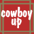 Animated contact sheet of a cowboy-themed icon with red background and grid pattern showing text changes across six frames.