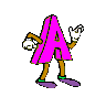 A 4x4 contact sheet of a pink letter A character with brown limbs and purple shoes performing various poses across 14 frames on a gray background.