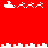 Red background with white pixelated Santa sleighs and reindeer in multiple , cityscape-like skyline elements at top and bottom edges