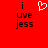 Red background with black text reading 'i love jess' on both sides and a white pixelated heart symbol in the center.