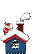 Animated pixel art of a snow-covered house with Santa on the roof, showing chimney smoke and window changes across three frames.
