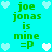 Pixelated cyan background with green text reading "joe jonas is mine =P" and white heart symbols arranged in a pattern