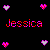 Pixelated name "Jessica" in red and pink with four heart symbols on a black background.