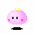 Pixelated pink character with yellow antennae, black oval base, and pink blush marks in six variations showing facial expression changes.
