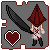 Pixel art icon of a figure with a large red hooded head, white shirt with red cross, black pants, and a large black sword, holding a heart symbol that changes color.