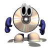 Animated CD-shaped character with blue gloves and beige feet, displaying multiple poses including eye shapes, sunglasses, and leg positions.