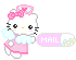 Pixelated Hello Kitty avatar with pink bow and angel wings holding a pink 'MAIL' banner, eyes open on left, eyes closed on right.