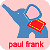 Pixelated blue elephant icon with raised trunk holding a heart-shaped object, pink background, and red text below.