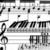 Black-and-white pixelated image of a musical staff with treble clef, multiple notes, and rests on white background.