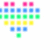 Heart-shaped of colored squares with pink, blue, green, yellow, and white pixels arranged in on a white background