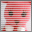 Pixelated red-and-white striped figure with dark circular eyes and brown mouth, static pose, no visible text.