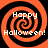 Four identical orange and black spiral patterns with "Happy Halloween!" text in white pixelated font, arranged in a on a solid black background