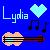 Pixelated blue background displays 'Lydia' text, light blue heart, black musical notes, and a colorful guitar.