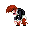 Pixel art character with red hair in various poses: bending forward, standing with arms outstretched, and shifting stance on gray background.