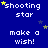 Blue background with repeated white text 'shooting star' and 'make a wish!' surrounded by yellow and blue stars.