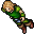 Pixelated character in green tunic and brown boots, shown in two sequential poses with arms extended forward.